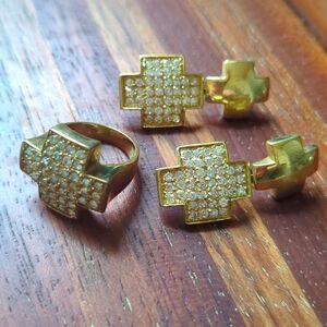 Gold Cross Earrings And Ring Set with Rhinestones